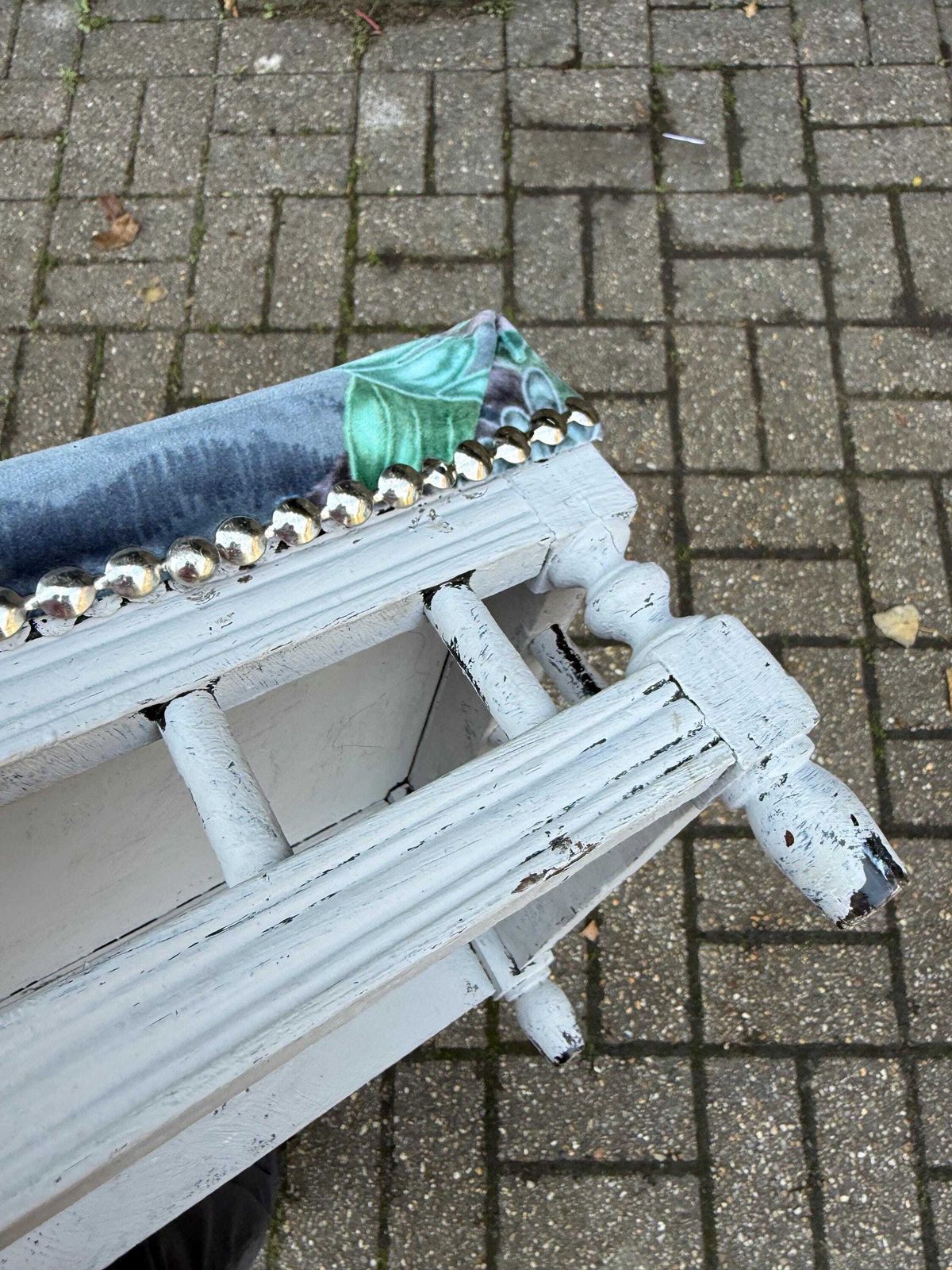 photo vinterior Vintage Reupholstered Stool With Botanical Animal Print Fabric – Distressed Painted Wooden Frame / Eclectic Footstool Or Accent Seat, Lemurs
