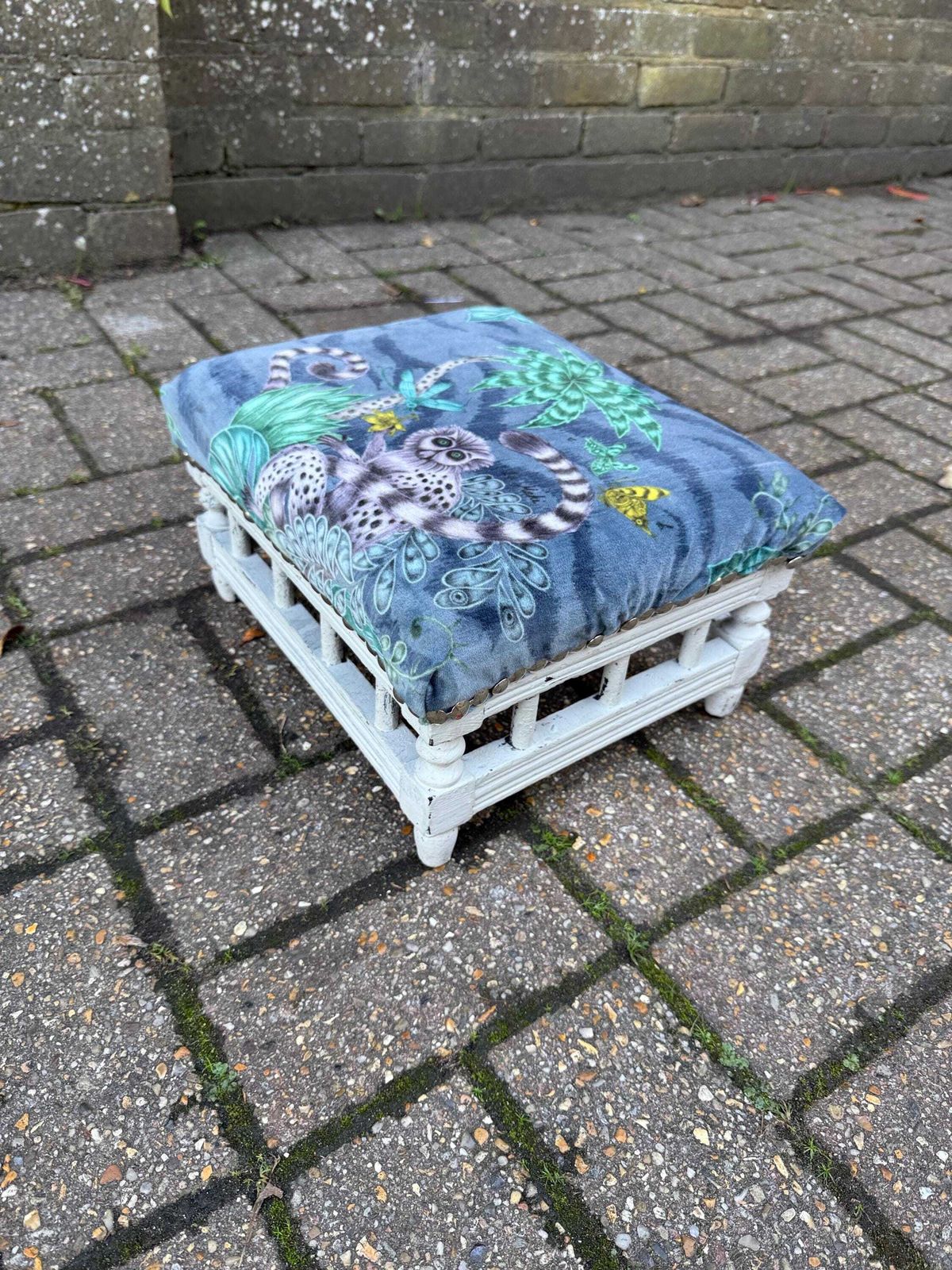 photo buy Vintage Reupholstered Stool With Botanical Animal Print Fabric – Distressed Painted Wooden Frame / Eclectic Footstool Or Accent Seat, Lemurs
