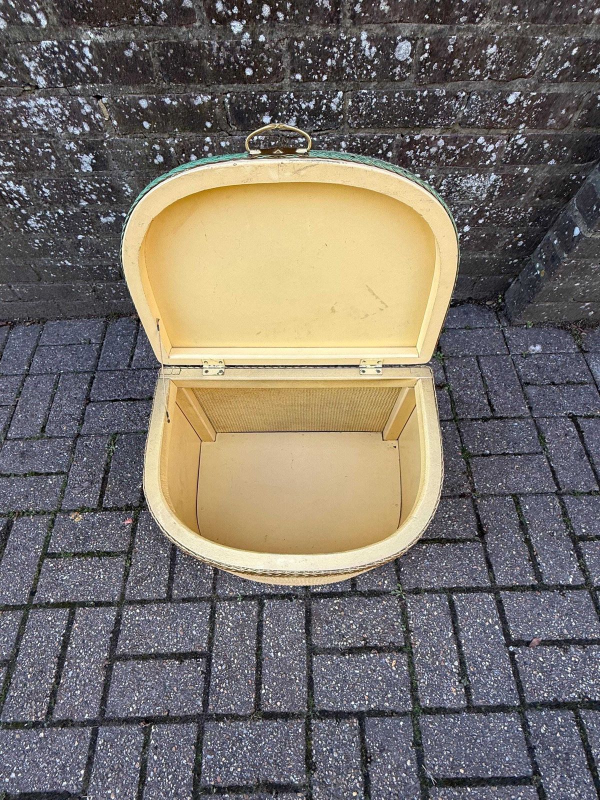 photo vinterior 1950s Lloyd Loom Style Laundry Basket – Vgc Gold Wicker Storage Chest With Sage Green Floral Lid, Mid Century Bedroom Decor, Linen Basket