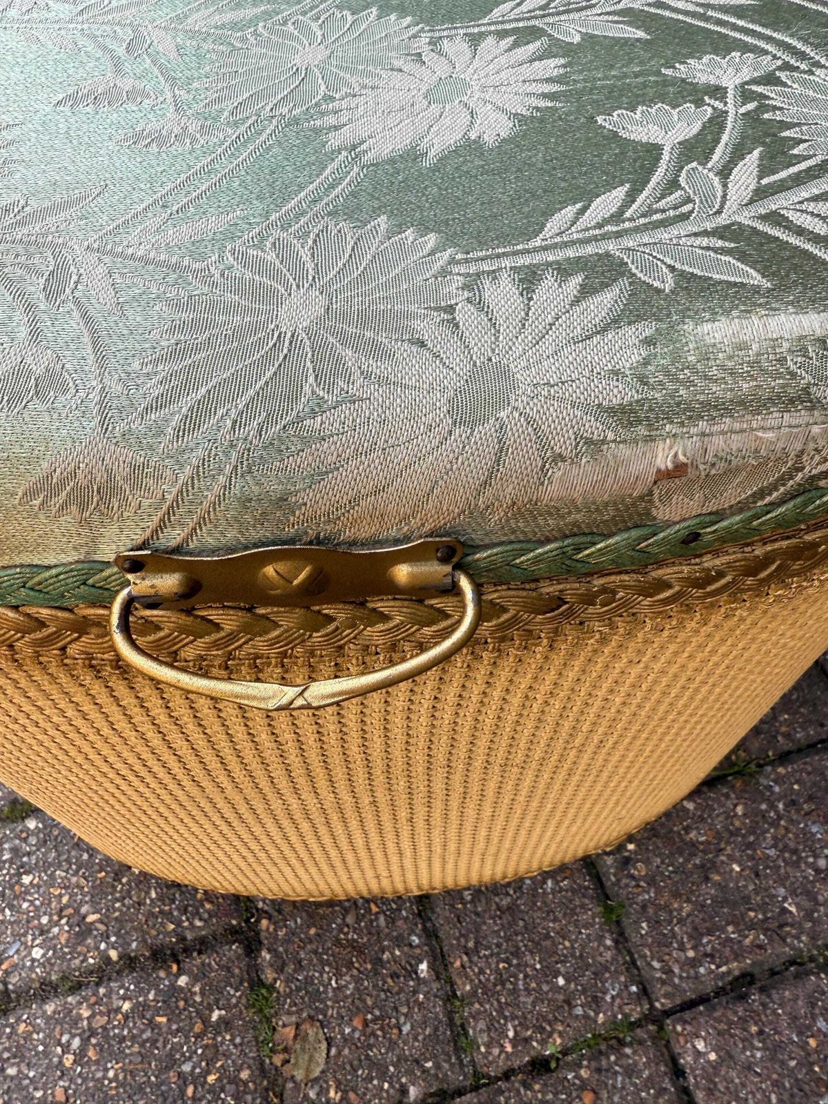 photo vintage 1950s Lloyd Loom Style Laundry Basket – Vgc Gold Wicker Storage Chest With Sage Green Floral Lid, Mid Century Bedroom Decor, Linen Basket