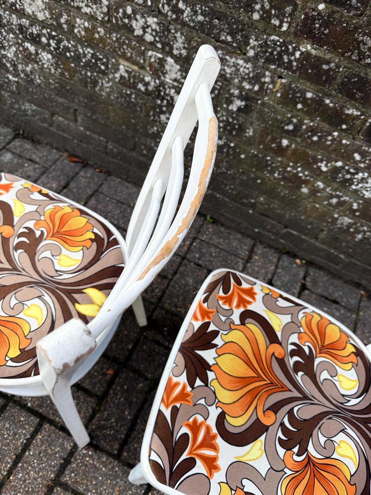 Furniture Pair Of 1970s Dining Chairs – Retro Ladderback Chairs With Psychedelic Orange Fabric, Vintage Mid Century Seating, Stamped Or Kitchen Chairs photo