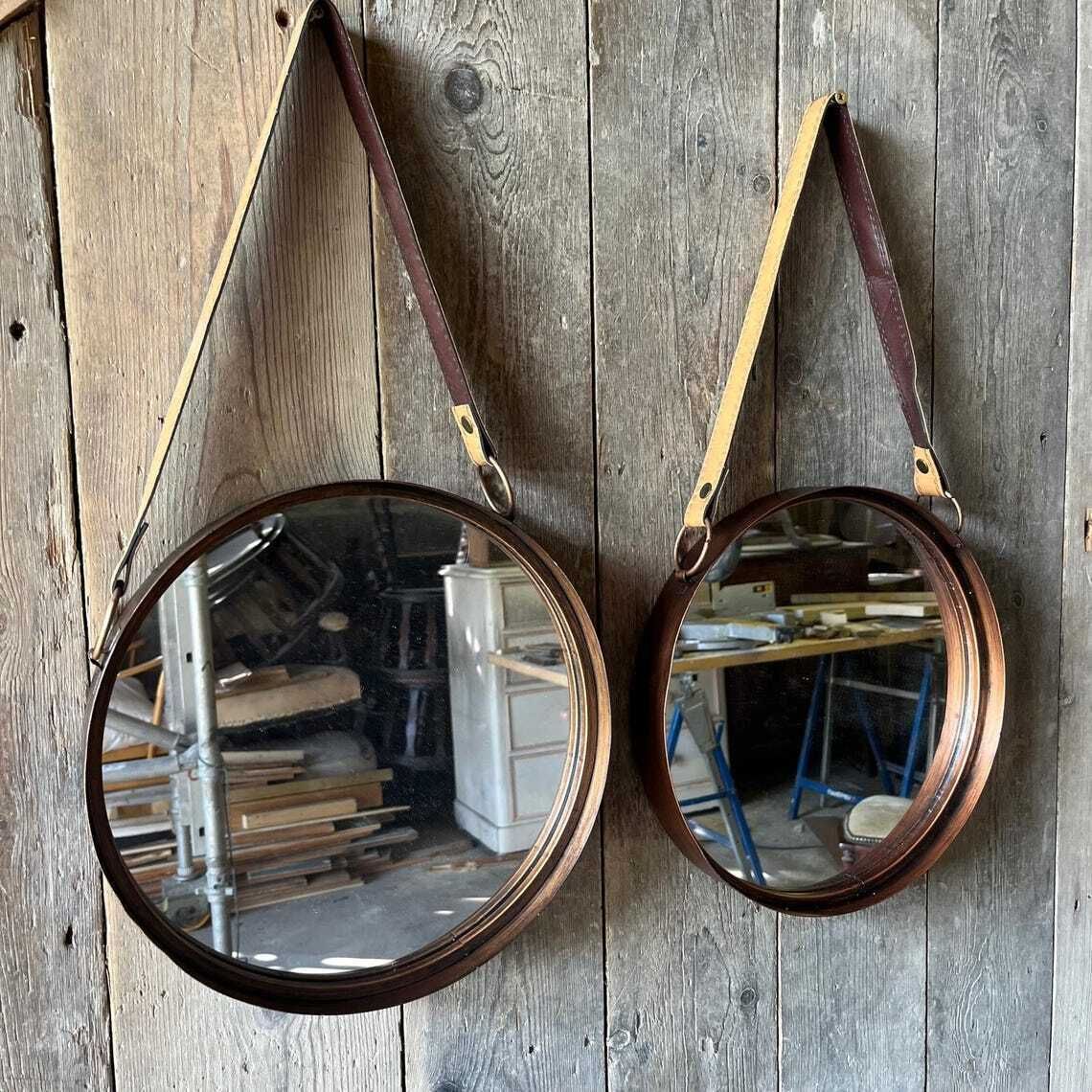 A Pair Of Wall Hanging Circular Metal Framed Mirror With Hanging Strap photo 80.0