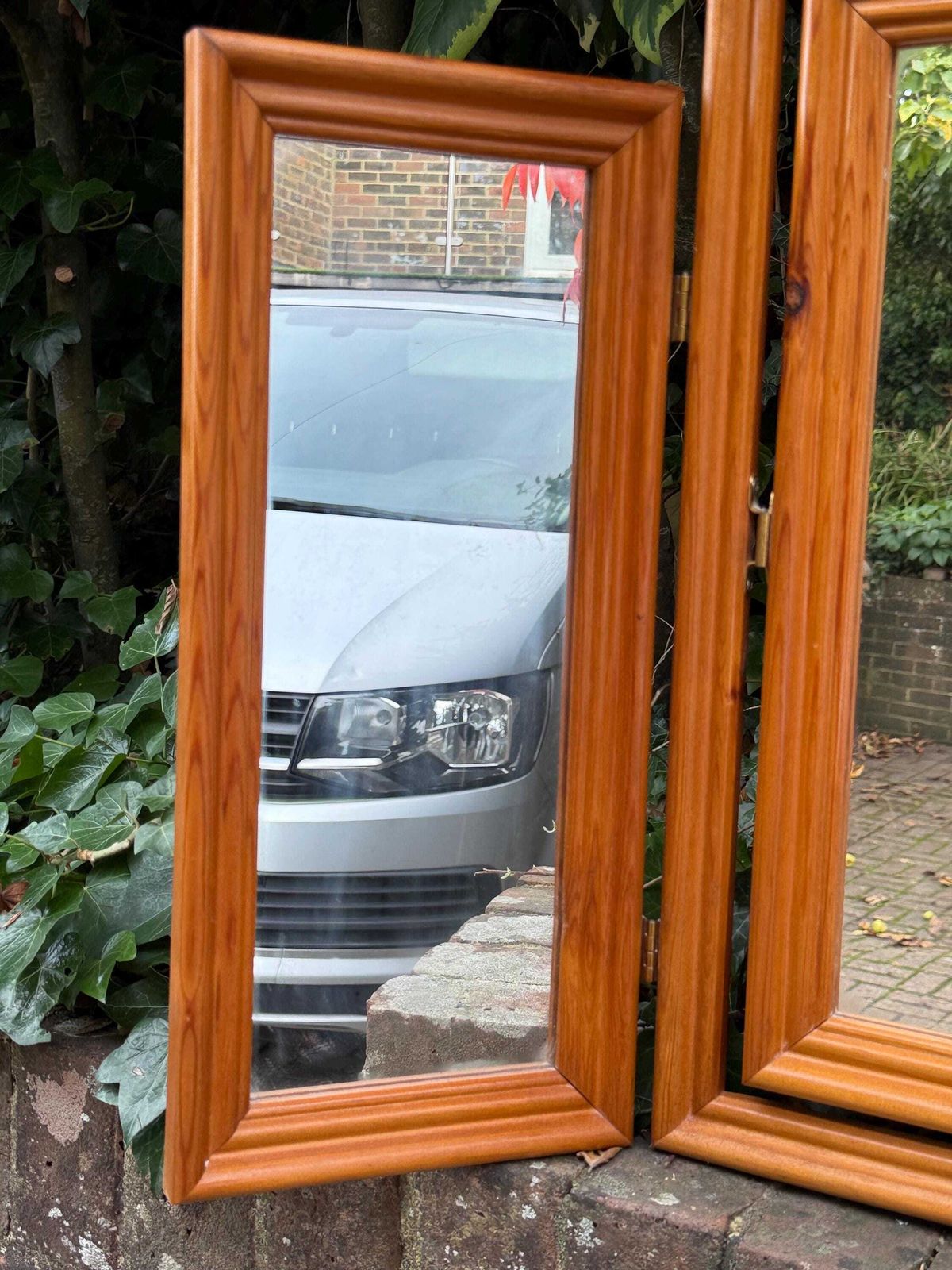Vintage 1980s Pine Tri Fold Dressing Table Mirror – Retro Three Panel Vanity Mirror / Warm Wood Framed Folding Mirror, Vintage Triple Mirror photo for sale