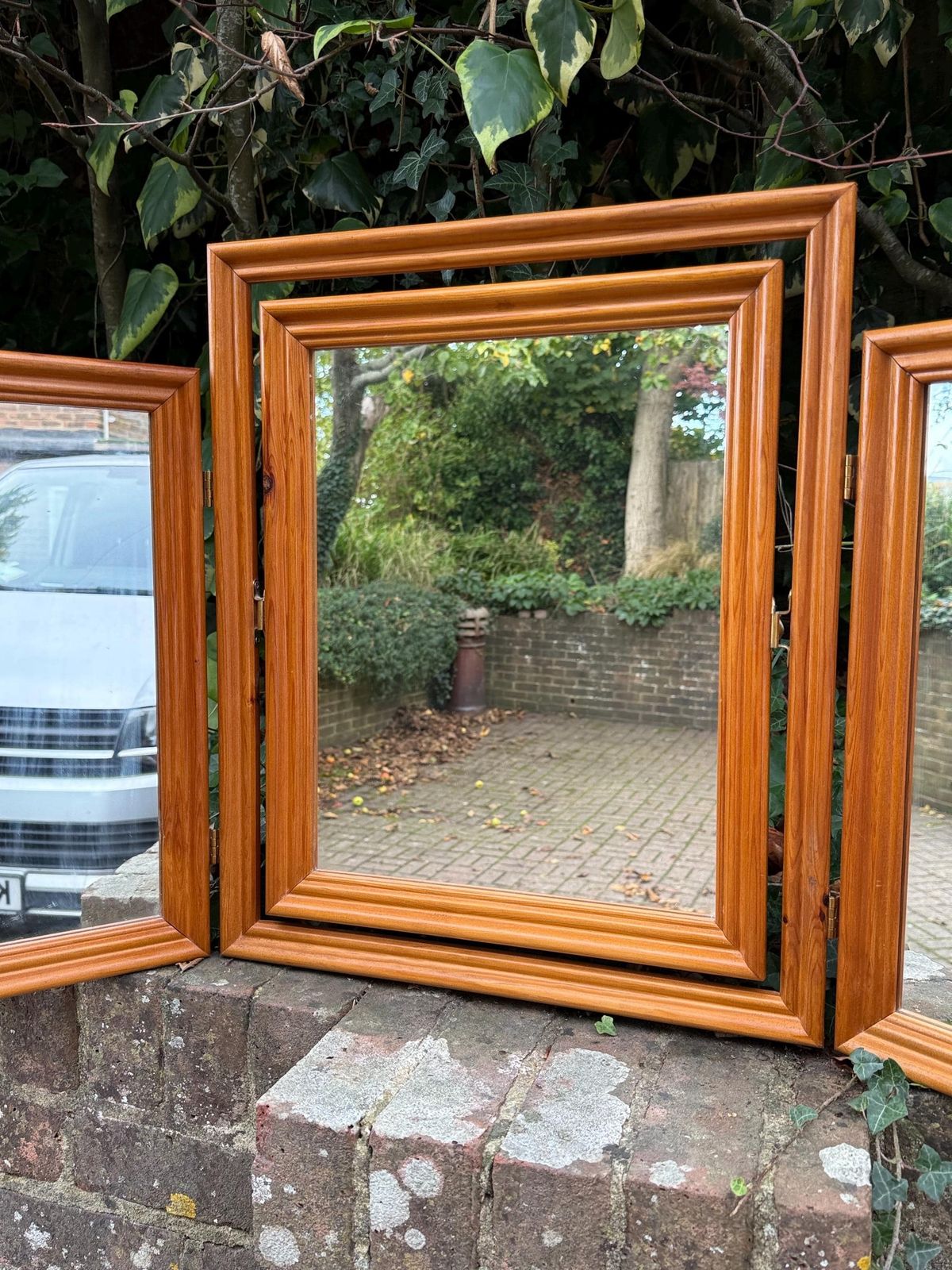 Vintage 1980s Pine Tri Fold Dressing Table Mirror – Retro Three Panel Vanity Mirror / Warm Wood Framed Folding Mirror, Vintage Triple Mirror photo 155.0
