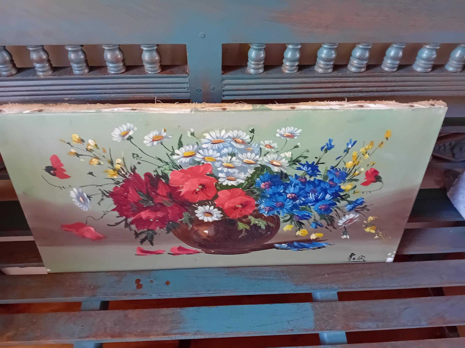 Olieverfschilderij Vintage Stilleven Kleurrijk Bloemstuk Gesigneerd Zonder Lijst photo vinterior