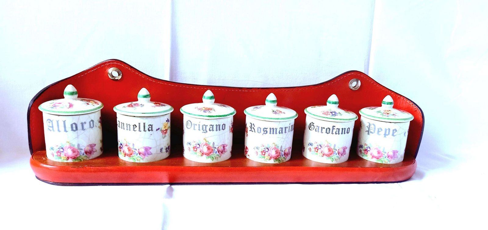 Vintage Italian Kitchen Cannisters, Spice Rack: Ceramic Pots With Leather Shelf photo furniture