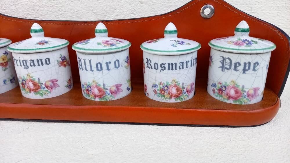 Vintage Italian Kitchen Cannisters, Spice Rack: Ceramic Pots With Leather Shelf photo Home Decor