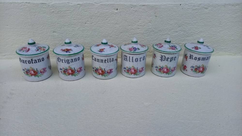 Vintage Italian Kitchen Cannisters, Spice Rack: Ceramic Pots With Leather Shelf photo 132.0
