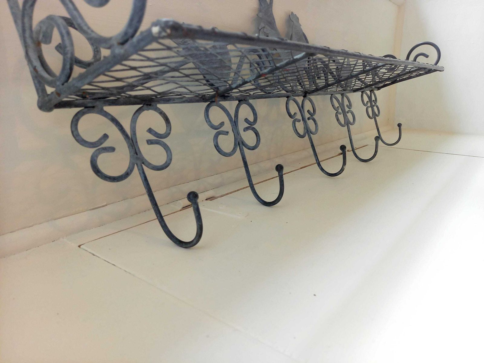 French Vintage Zinc Shelf With Hooks: Farmhouse Chicken Decor photo 155.0
