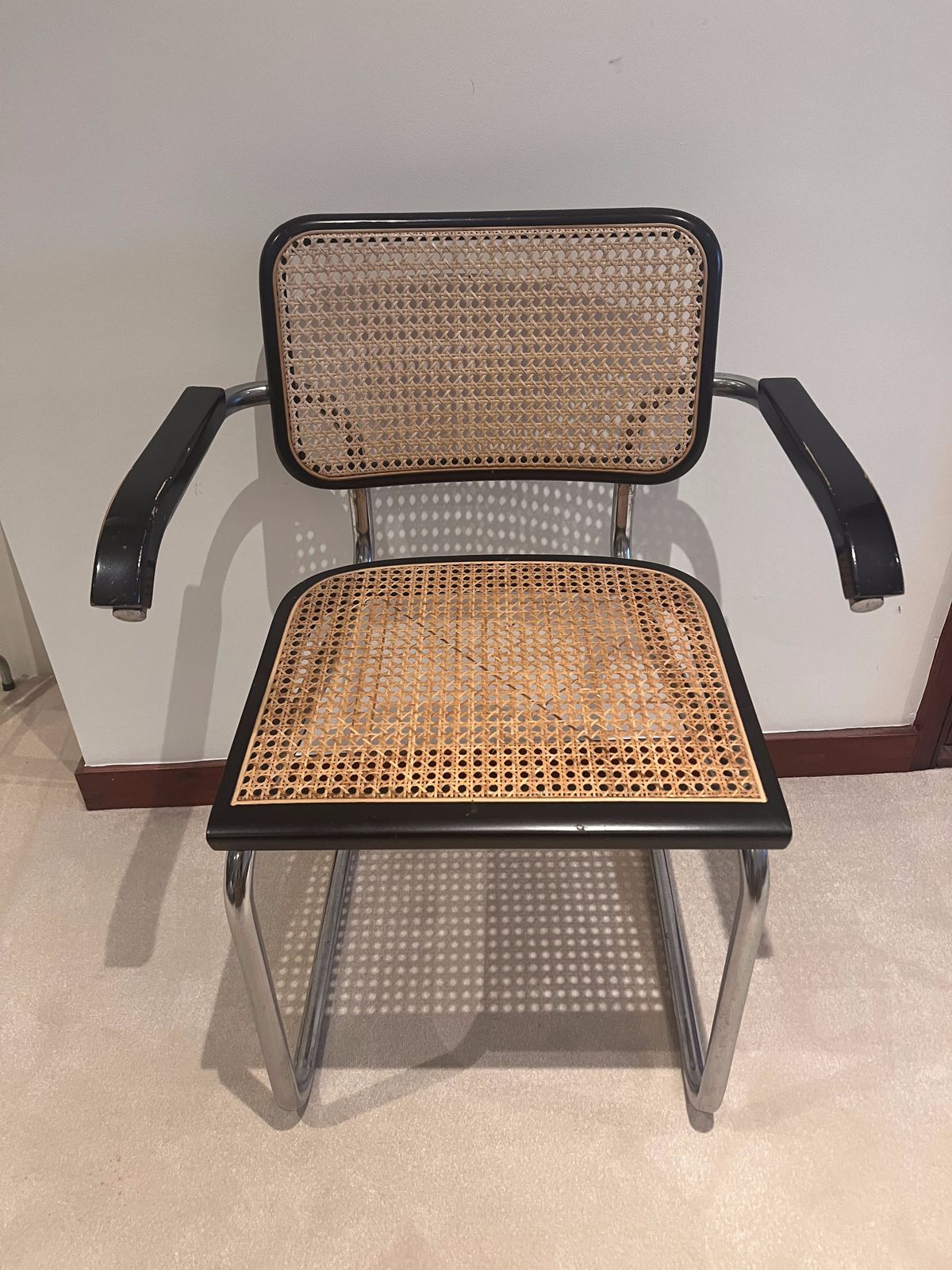 Black Steel Cane Dining Set, 4 Steel Cane Chairs And Matching Black Wooden Dining Table. Vintage Worn In Good Condition. photo furniture