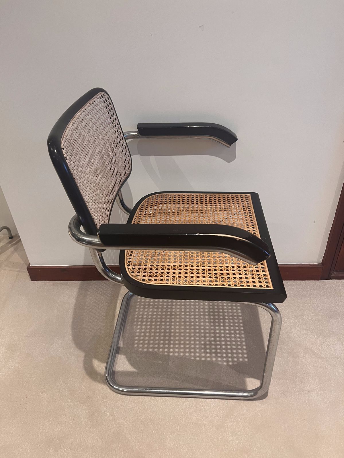 Black Steel Cane Dining Set, 4 Steel Cane Chairs And Matching Black Wooden Dining Table. Vintage Worn In Good Condition. photo Furniture