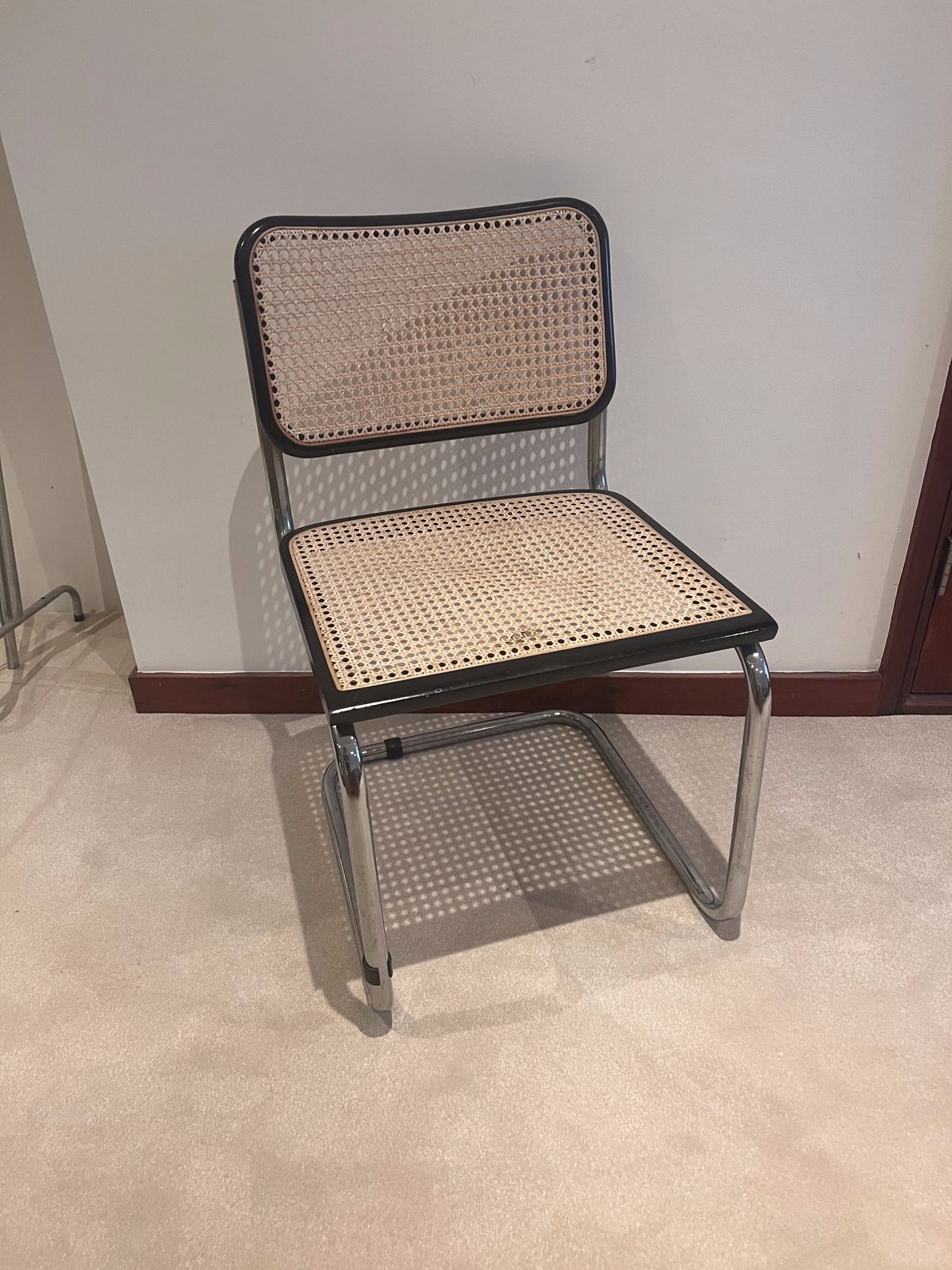 Black Steel Cane Dining Set, 4 Steel Cane Chairs And Matching Black Wooden Dining Table. Vintage Worn In Good Condition. photo 2200.0