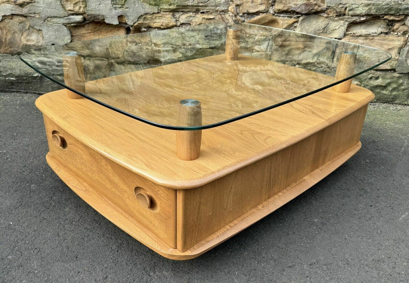 Ercol Light Elm Windsor Glass Top Coffee Table   Pandoras Box photo furniture