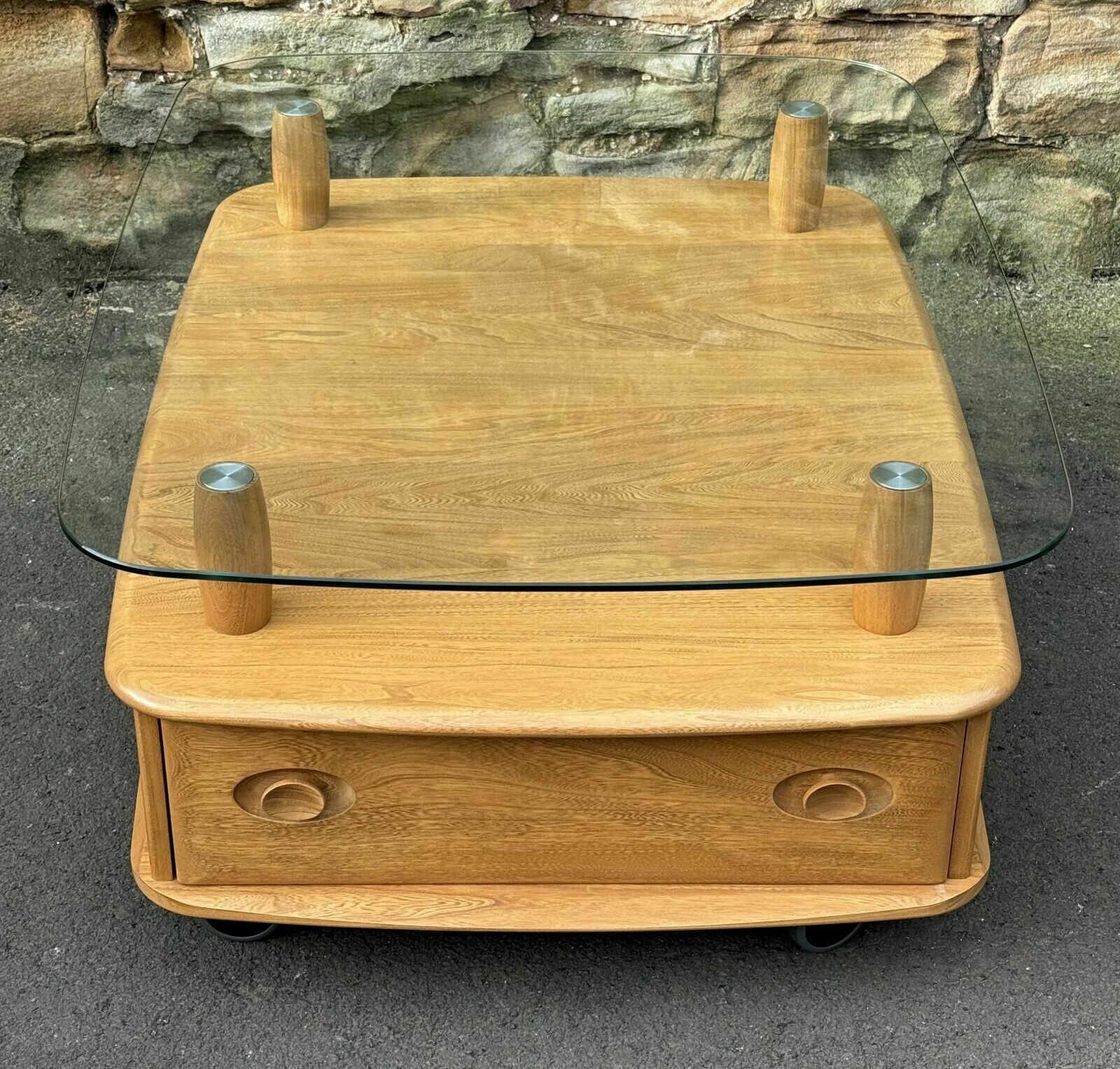 Ercol Light Elm Windsor Glass Top Coffee Table   Pandoras Box photo for sale