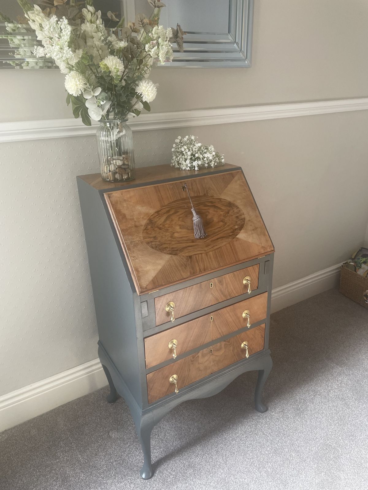 Vintage 3 Drawer Charcoal Grey/Walnut Writing Bureau photo furniture