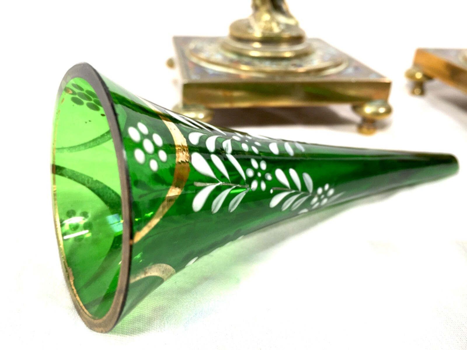 photo for sale Antique Pair Of French Gilt Bronze & Champlevé Enamel / Hand Painted Glass Vases