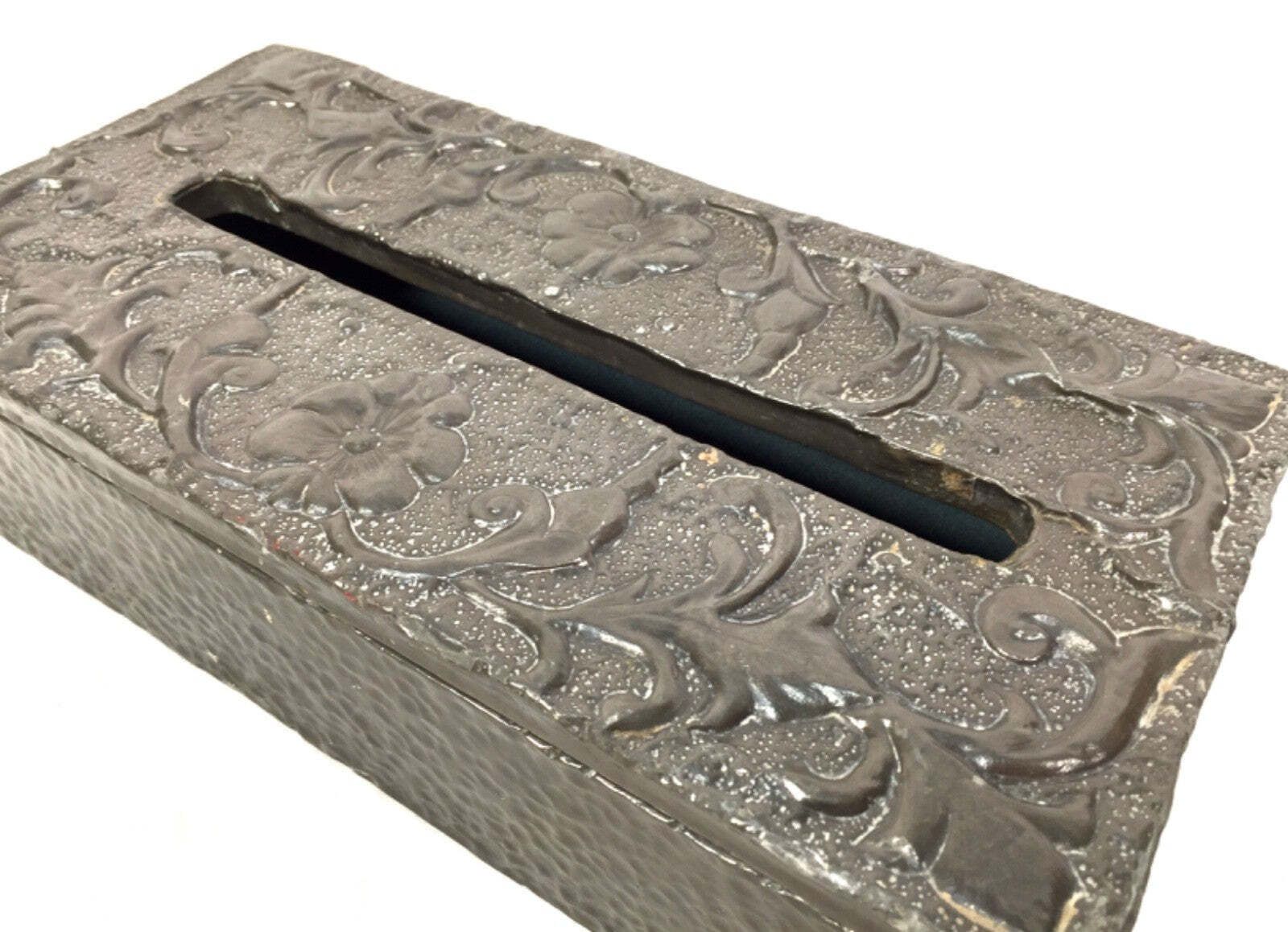 Antique Art Nouveau Pewter Metal Tabletop Tissue Box Holder / Floral Motifs photo Home Decor