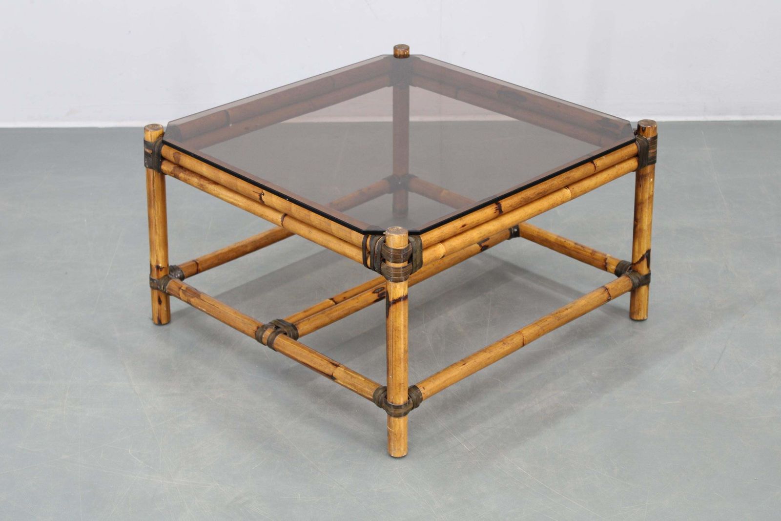 Vintage Bamboo Coffee Table With Smoked Glass Top photo furniture