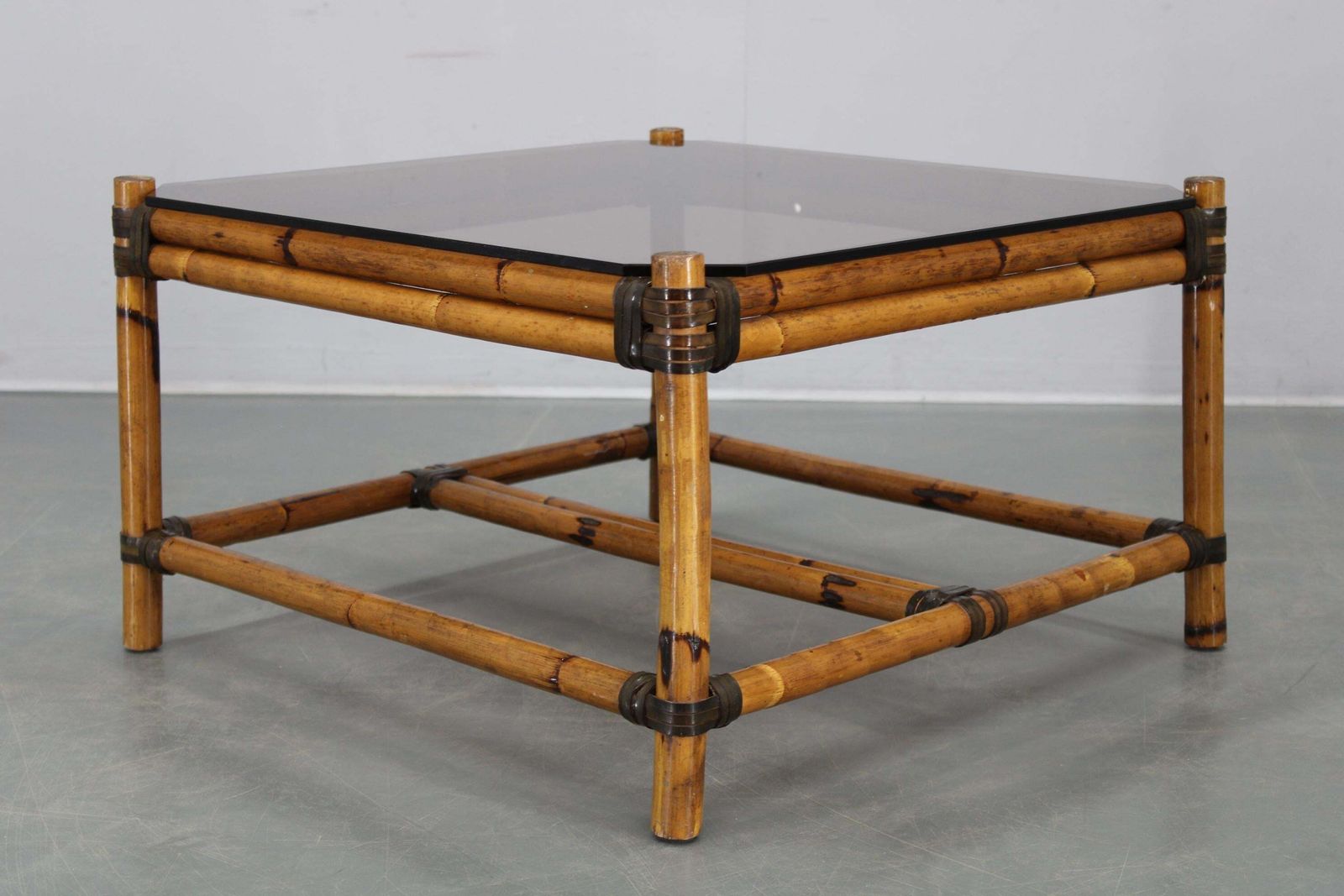 389.0 Vintage Bamboo Coffee Table With Smoked Glass Top photo