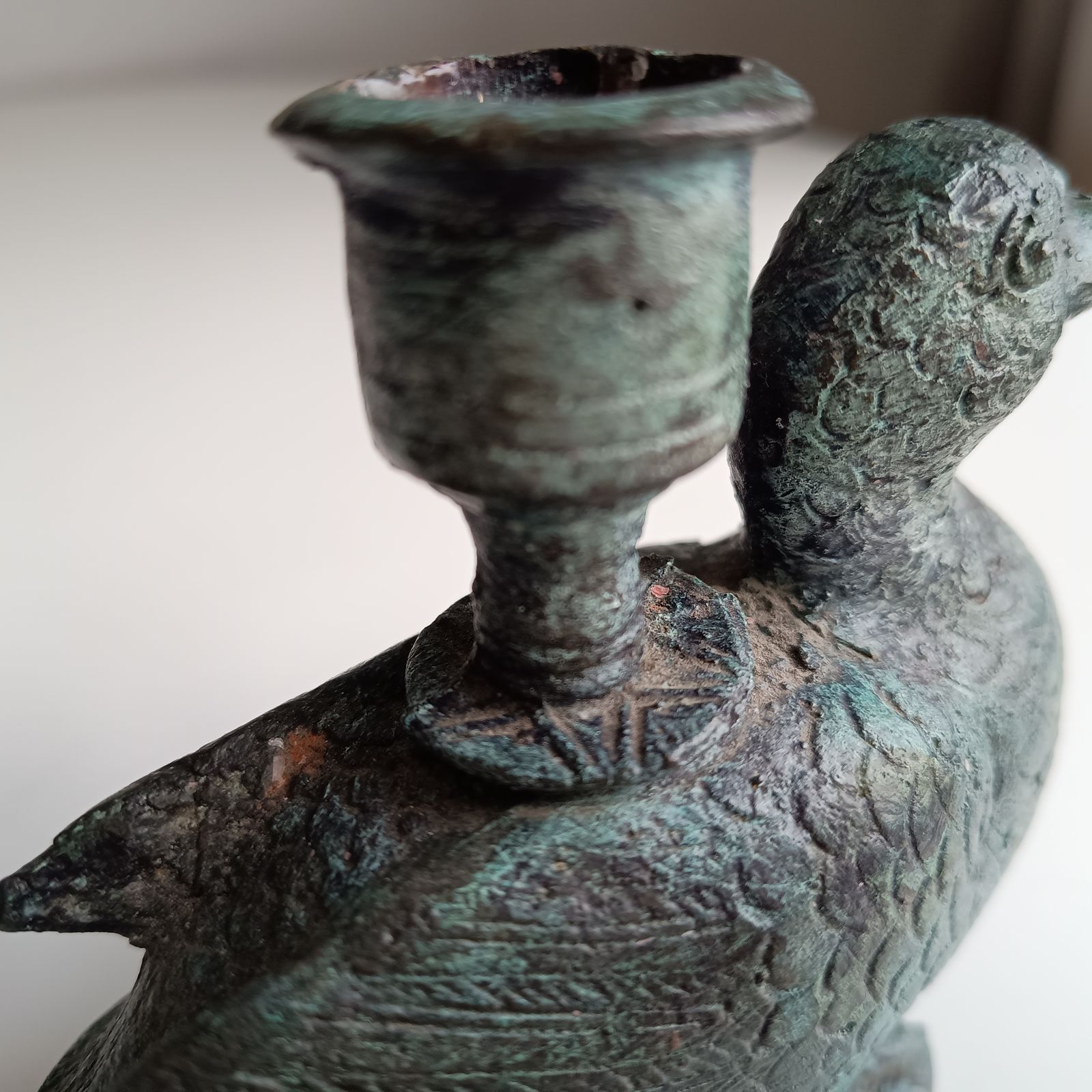 Late 18th Century Belgian Provincial Bronze / Brass Zoomorphic Duck Candlestick, Original, Natural Verdigris Patina photo 195.0