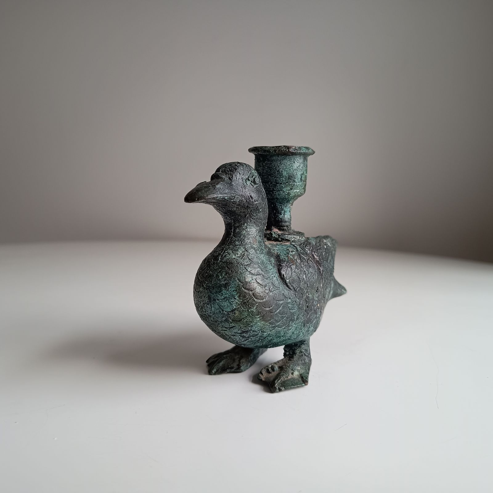 Late 18th Century Belgian Provincial Bronze / Brass Zoomorphic Duck Candlestick, Original, Natural Verdigris Patina photo vintage