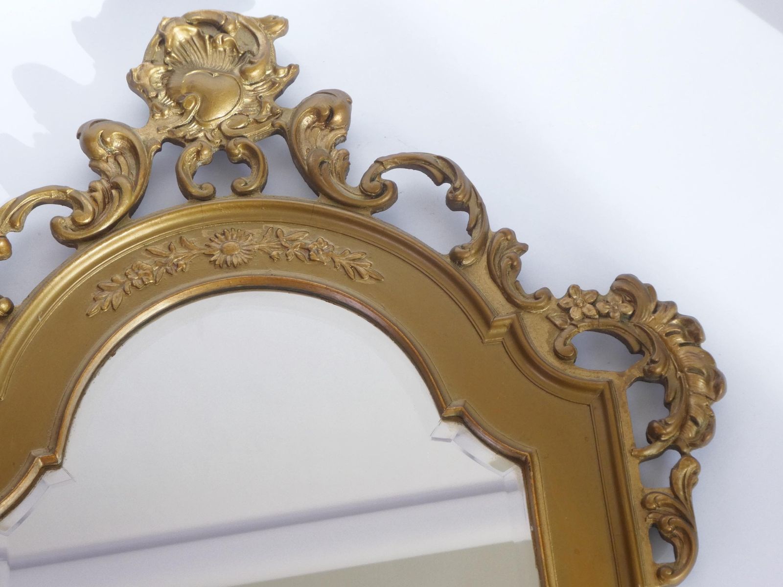 Mid Century Gold Ornate French Mirror, Beveled Wall Mirror With Carved Ornaments photo Home Decor