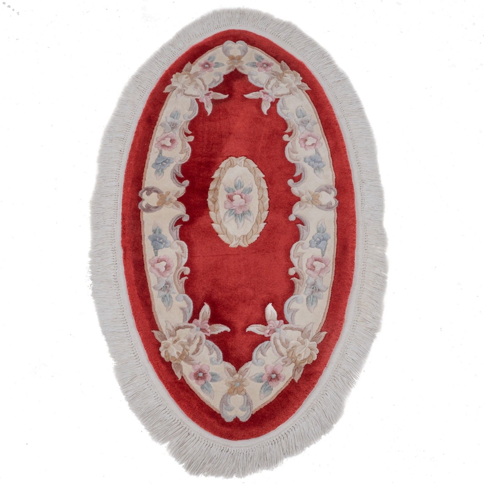 Vintage Chinese Aubusson Oval Hand Woven Red Rug 5'3" X 3' (161 X 91 Cm Carpet) photo 149.0