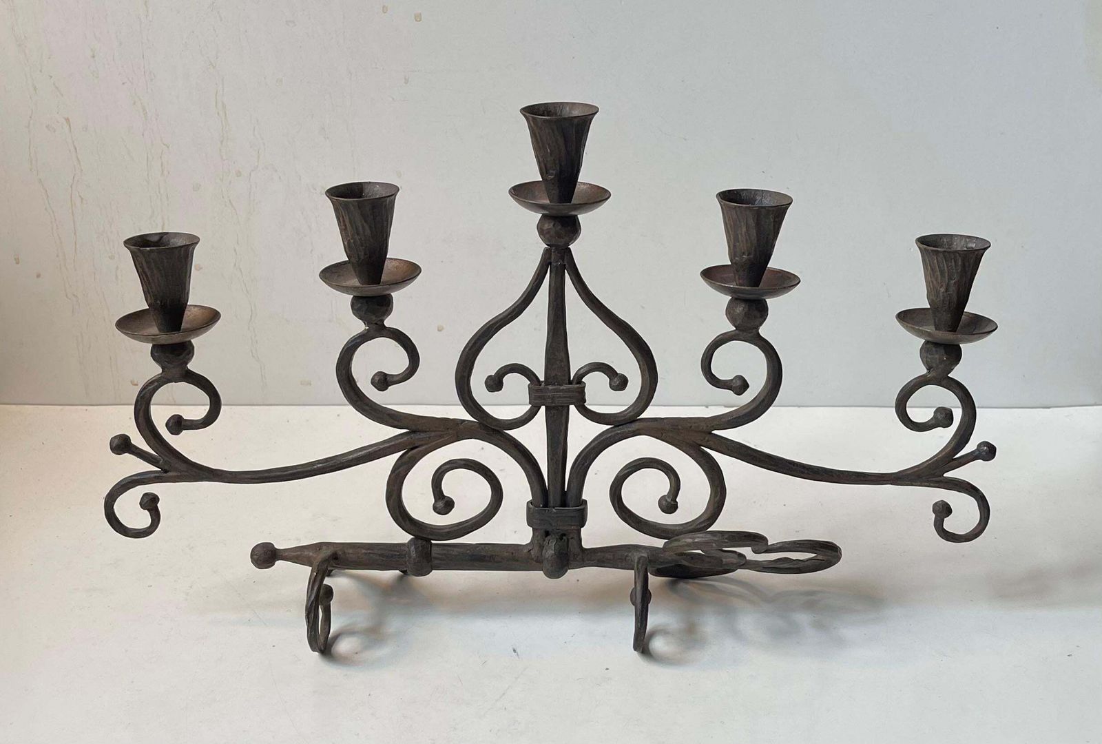 Old Italian Hand Forged Wrought Iron Church 'Key' Candelabra W. 5 Arms photo vintage
