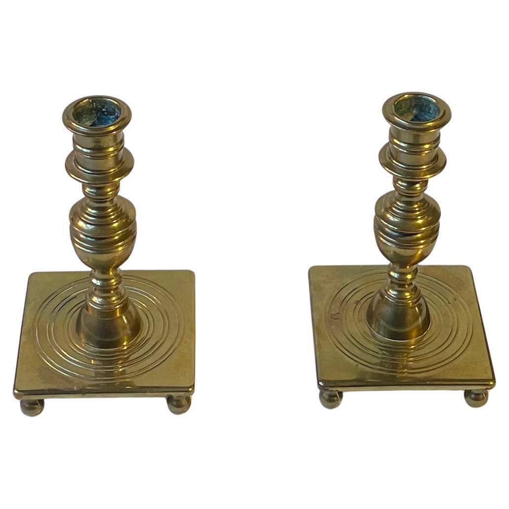 Antique Castle Candlesticks In Brass, Danish Baroque Revival Style C. 1920