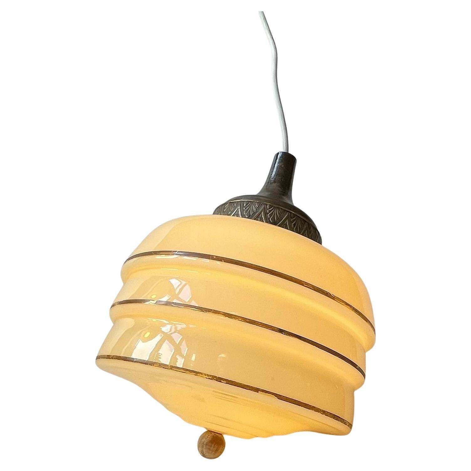Scandinavian Art Deco 'Beehive' Pendant Lamp In Beige Opaline Glass & Brass