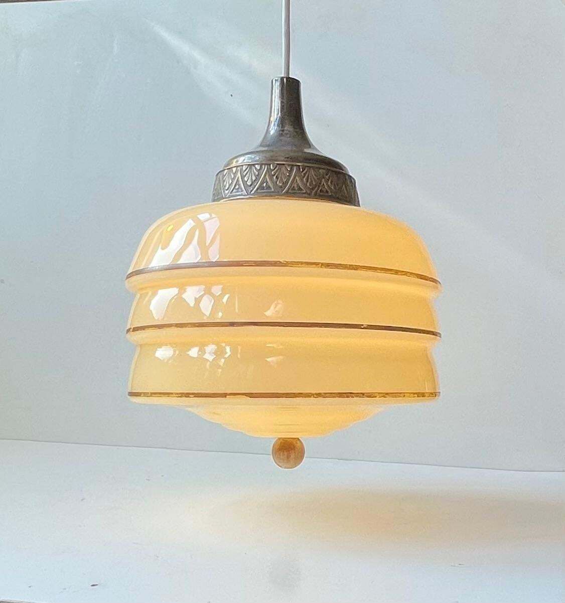 Scandinavian Art Deco 'Beehive' Pendant Lamp In Beige Opaline Glass & Brass photo for sale