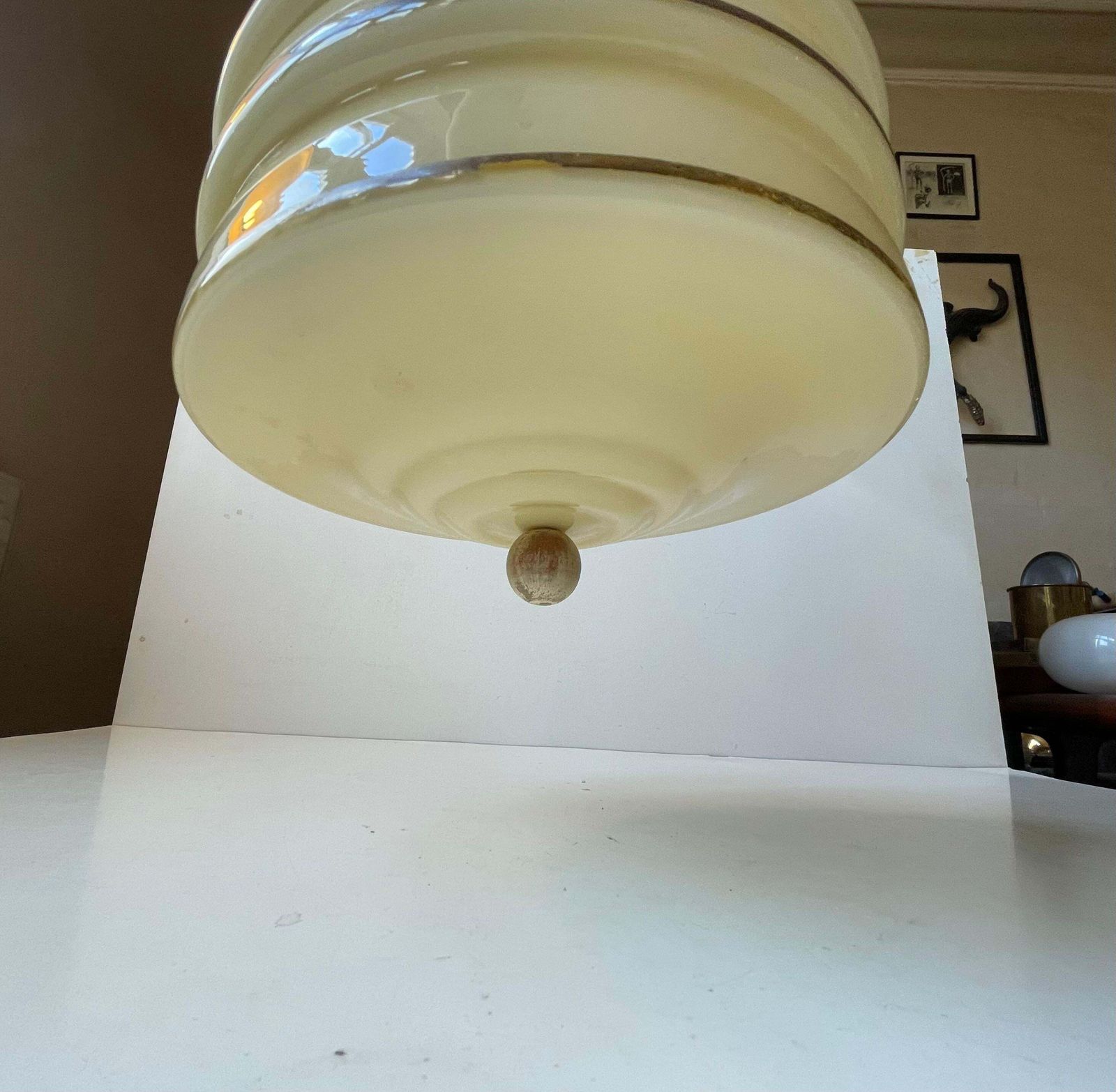 Scandinavian Art Deco 'Beehive' Pendant Lamp In Beige Opaline Glass & Brass photo Lighting