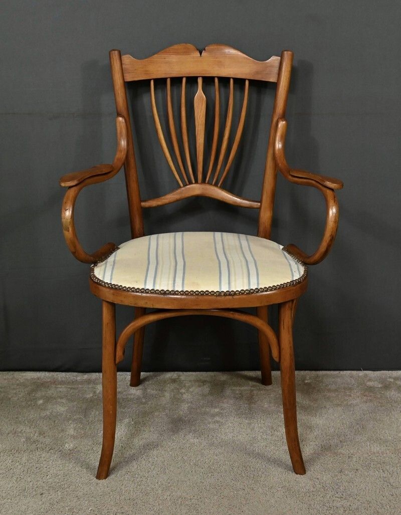 photo vintage Curved Beech Armchair, Maison Fischel, Art Nouveau – Early 20th Century