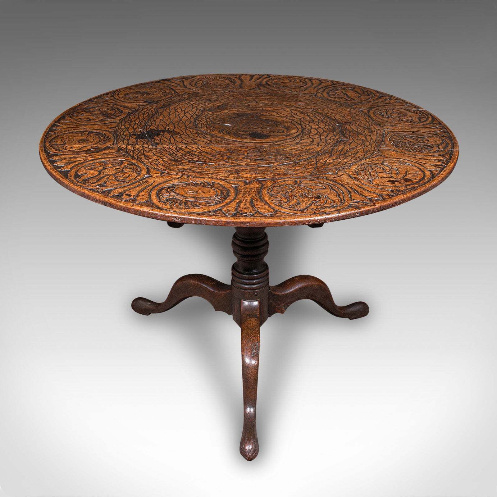 Antique Tarot Parlour Table, English, Oak, Zodiac Carving, Victorian, Circa 1870 photo furniture
