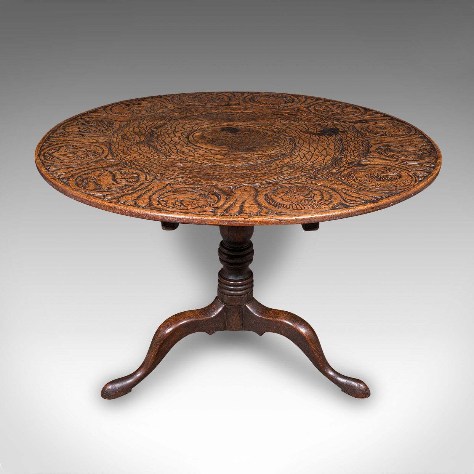 Antique Tarot Parlour Table, English, Oak, Zodiac Carving, Victorian, Circa 1870 photo Furniture
