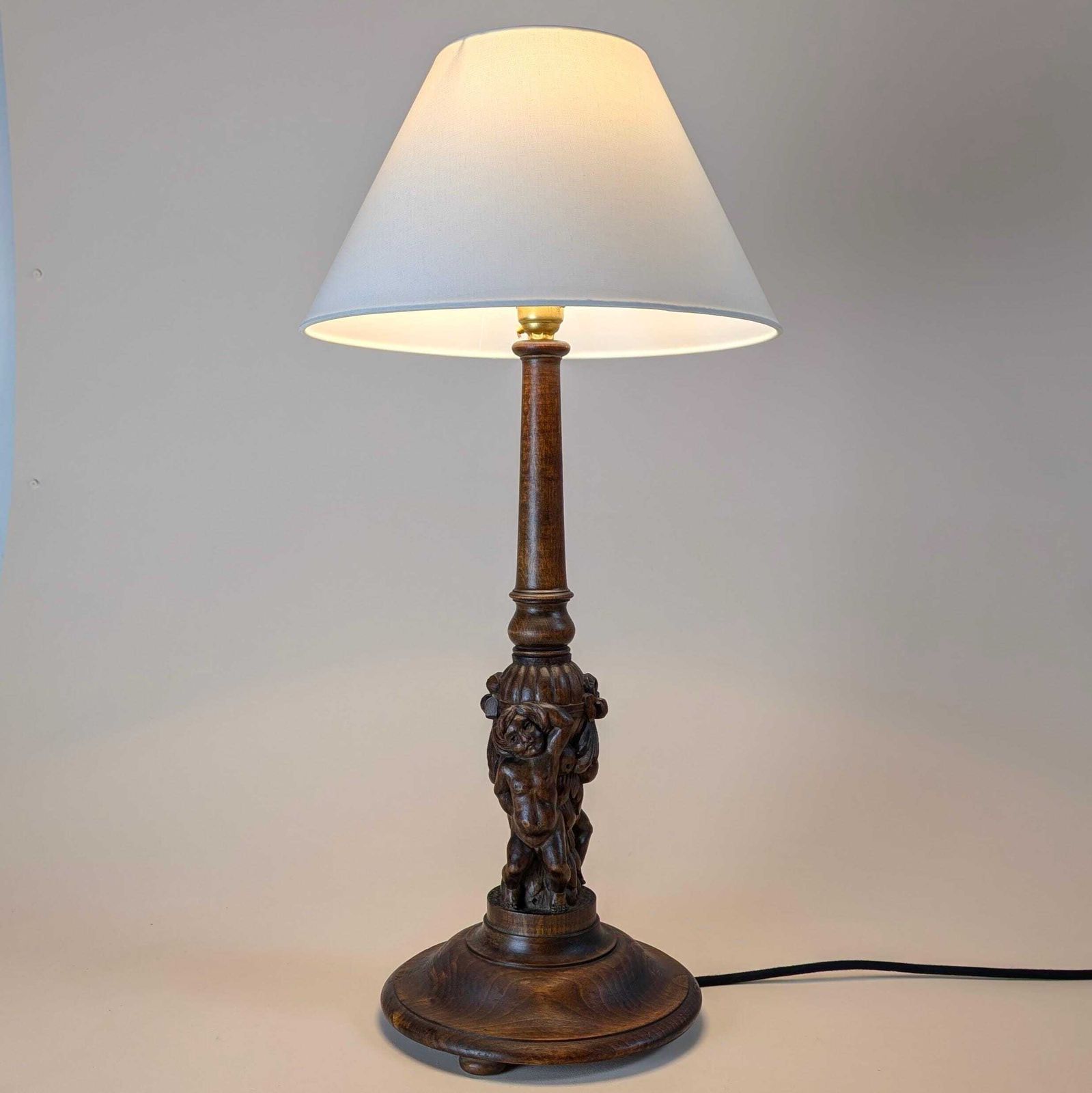 Vintage Hand Carved Wood Putti Table Lamp, Dark Finish Italian Style Cherub Figural Desk Light, Original Home Lighting, Bedroom Light Decor photo for sale