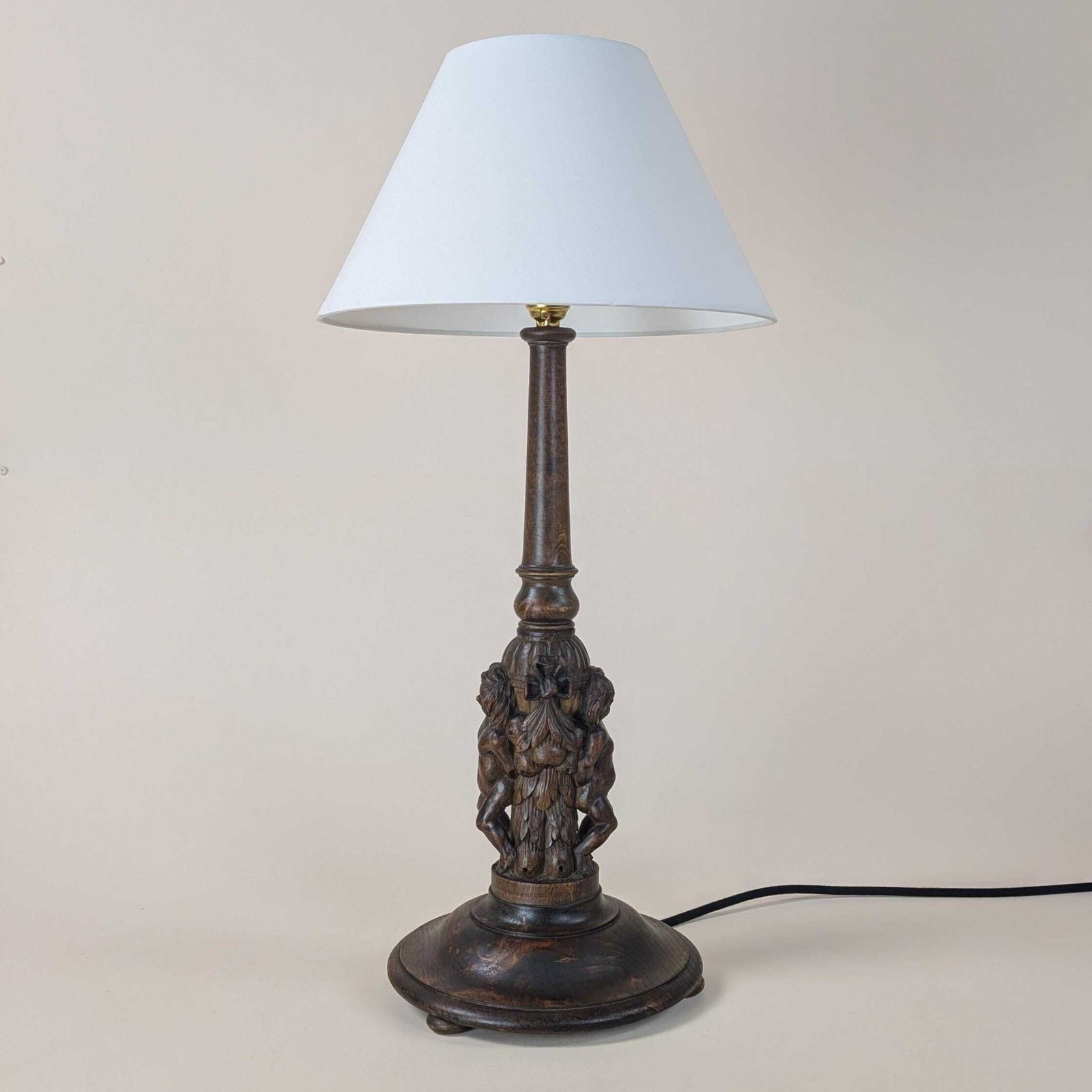 Vintage Hand Carved Wood Putti Table Lamp, Dark Finish Italian Style Cherub Figural Desk Light, Original Home Lighting, Bedroom Light Decor photo 250.0