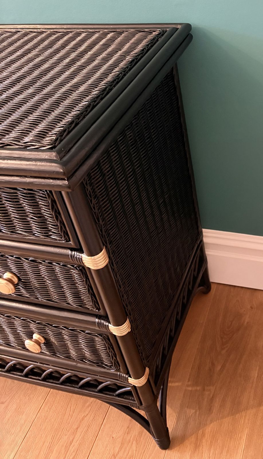 Vintage Black Bamboo Wicker Side Board Chest Of Drawers photo for sale