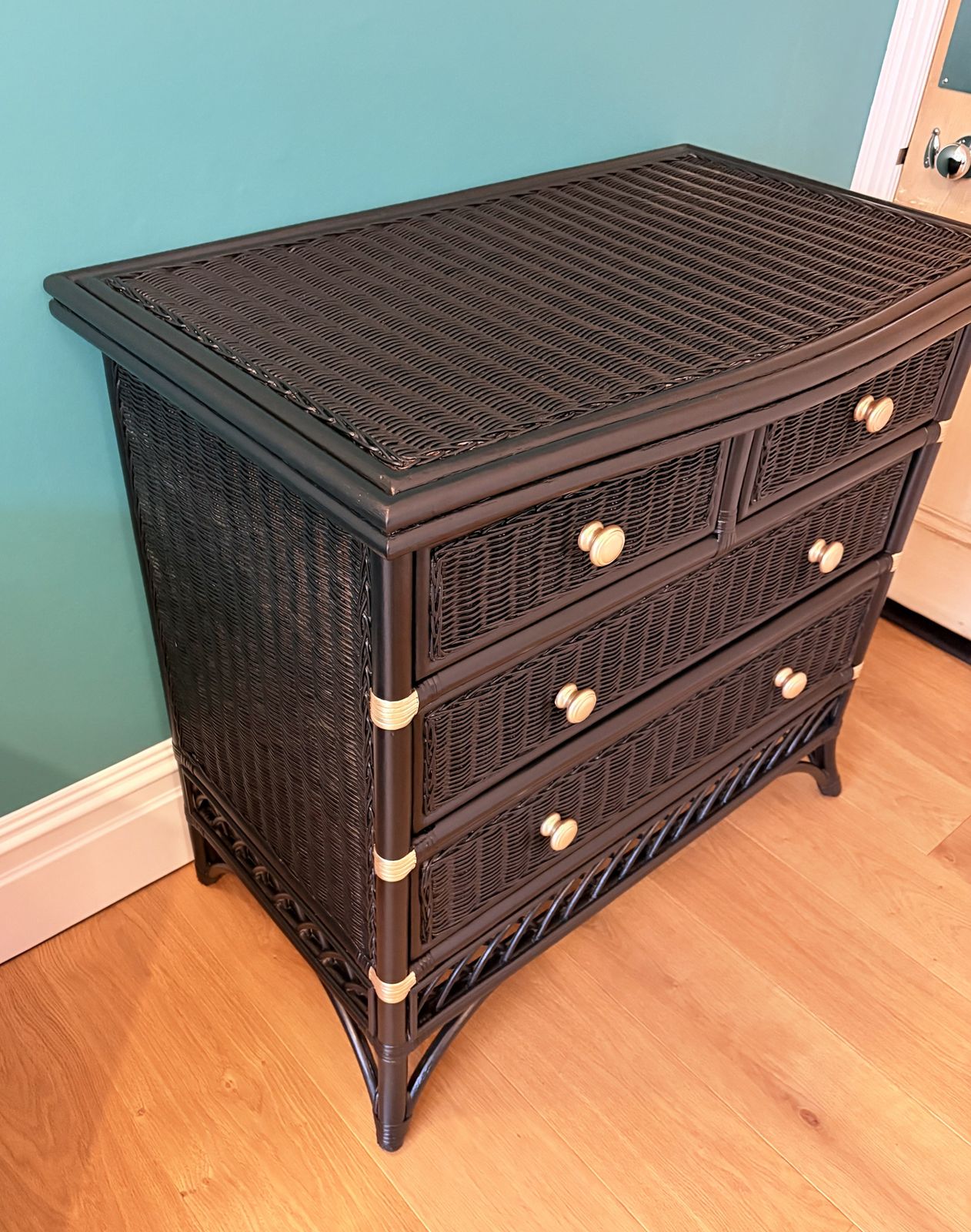 photo furniture Vintage Black Bamboo Wicker Side Board Chest Of Drawers