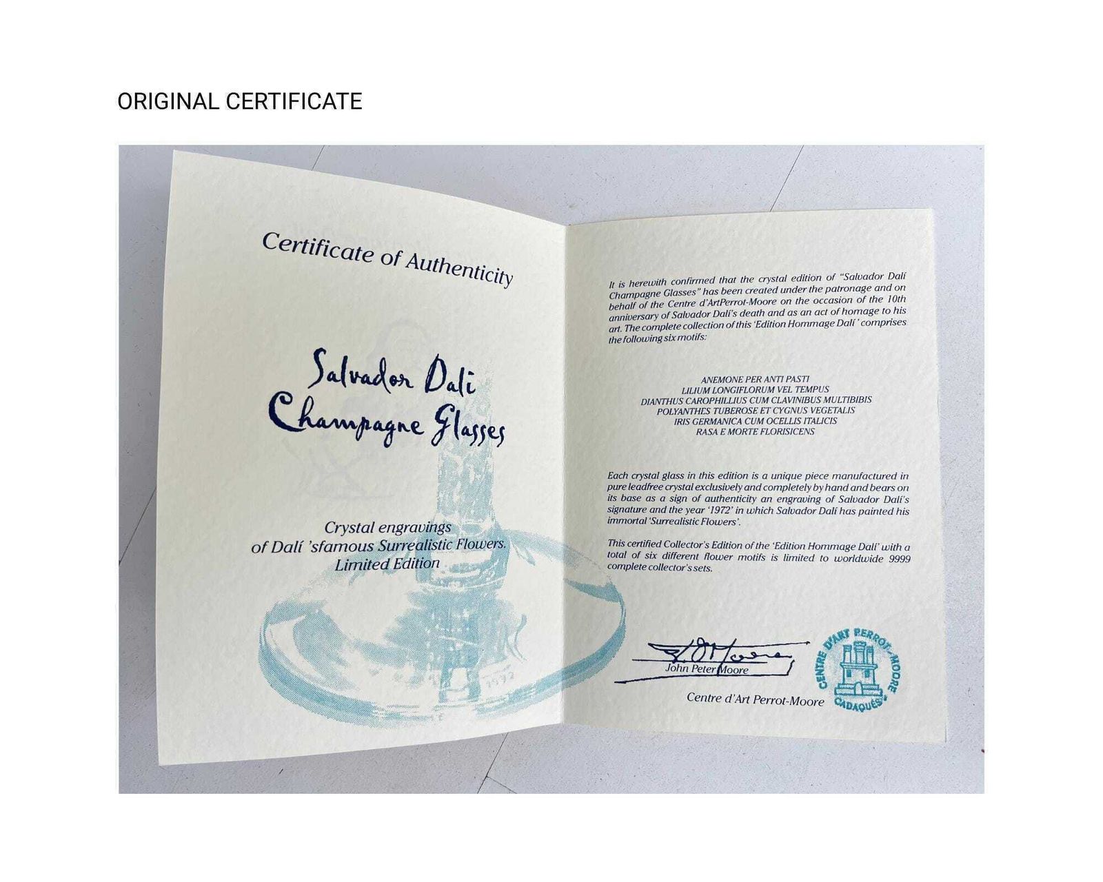 photo for sale Salvador Dali Champagne Glazen | 6 Stuks | Hommage Dalí 1972 | Gesigneerd, Certificaat, Presentatiebox