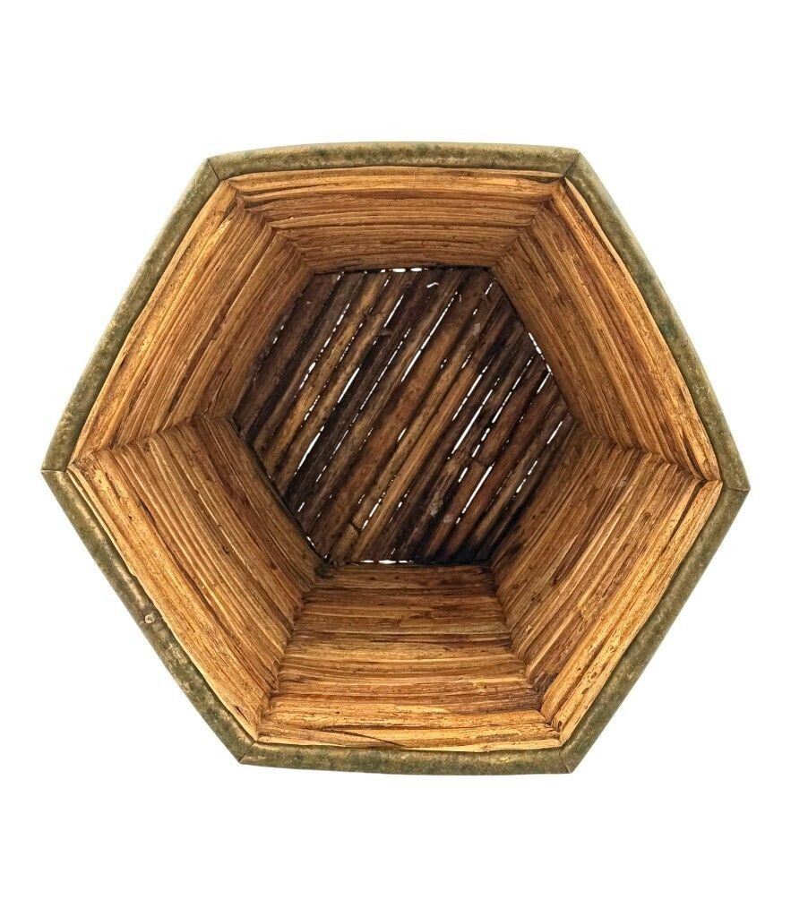 An Italian 1970s Woven Pencil Reed Hexagonal Bamboo Planter With Brass Top photo for sale