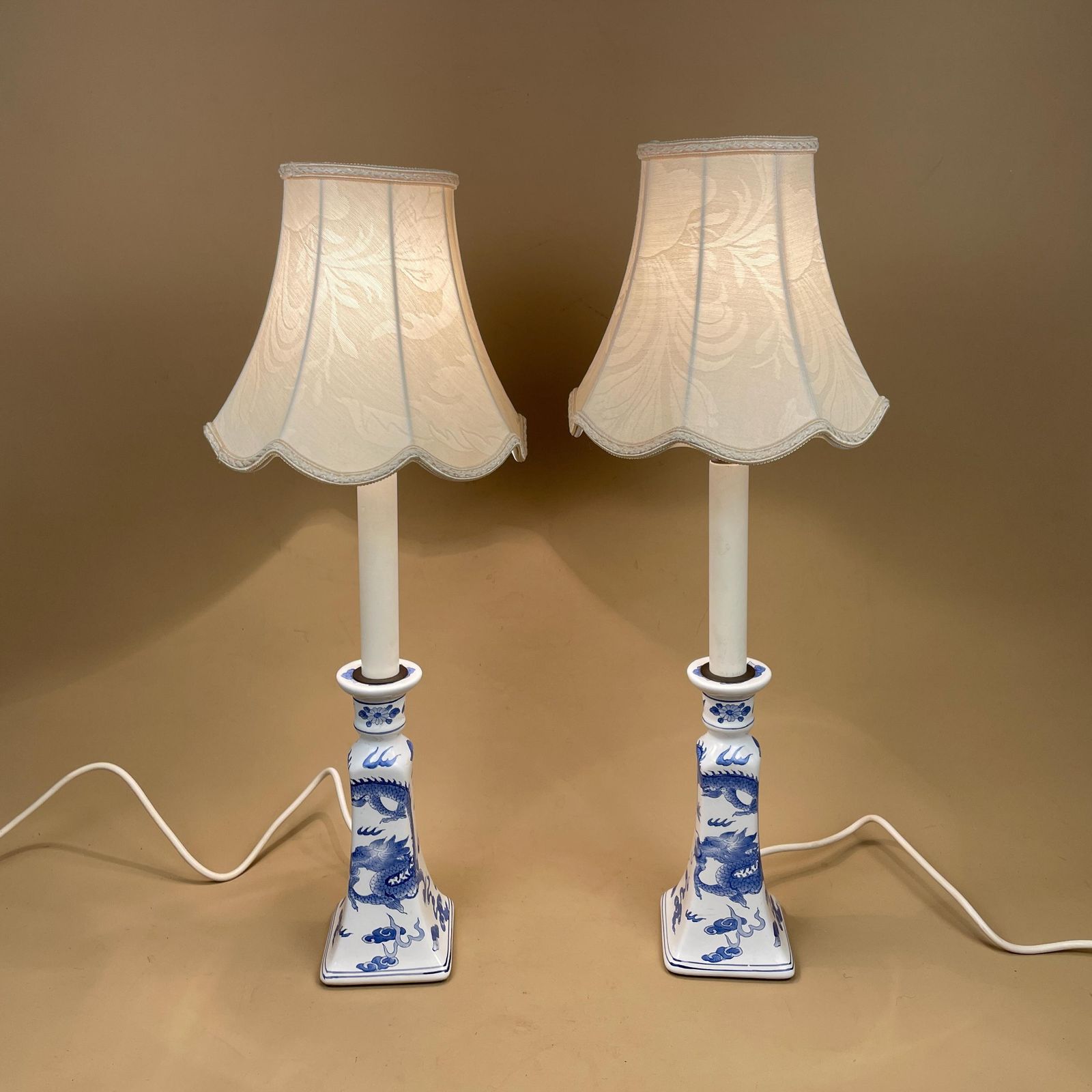 255.0 Pair Oriental Ceramic Candlestick Lamps With Shades Blue White Dragon Design Vintage Chinoiserie Porcelain Bedside Table Lighting Chinese photo