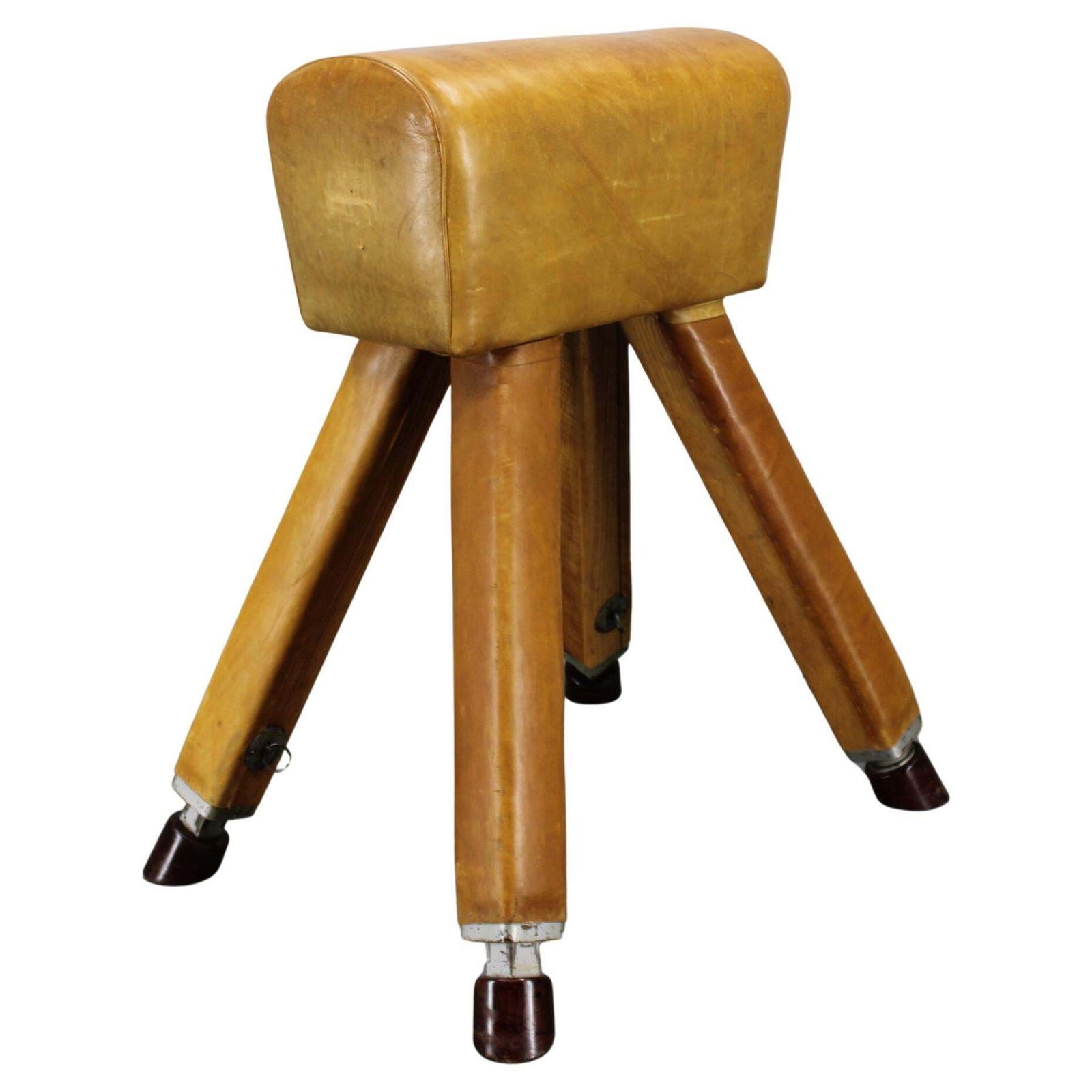 1950s Czechoslovakian Leather & Wood Gymnastic Pommel Horse, Adjustable Height