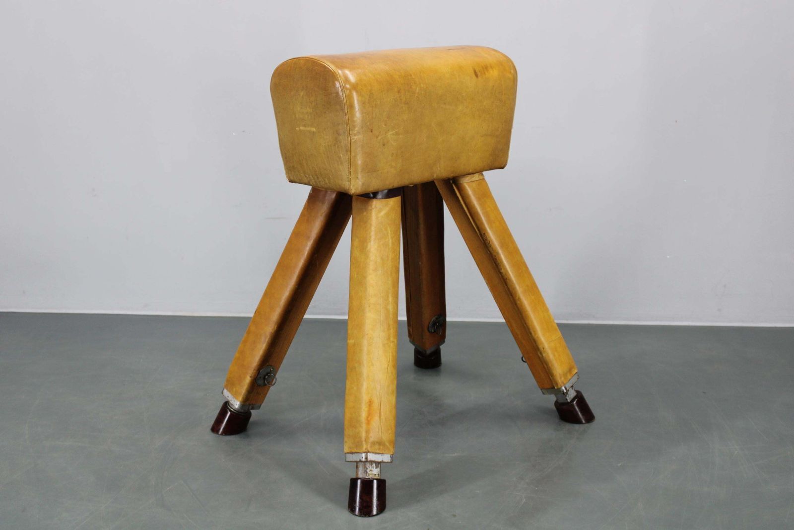 1950s Czechoslovakian Leather & Wood Gymnastic Pommel Horse, Adjustable Height photo vintage