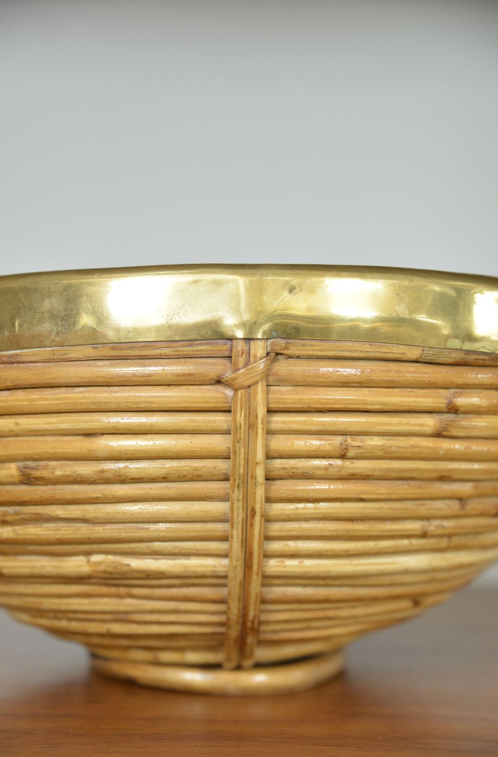 Rattan Cane Brass Basket Centrepiece By Vivai Del Sud Gabriella Crespi Style Italy 1970s photo vintage