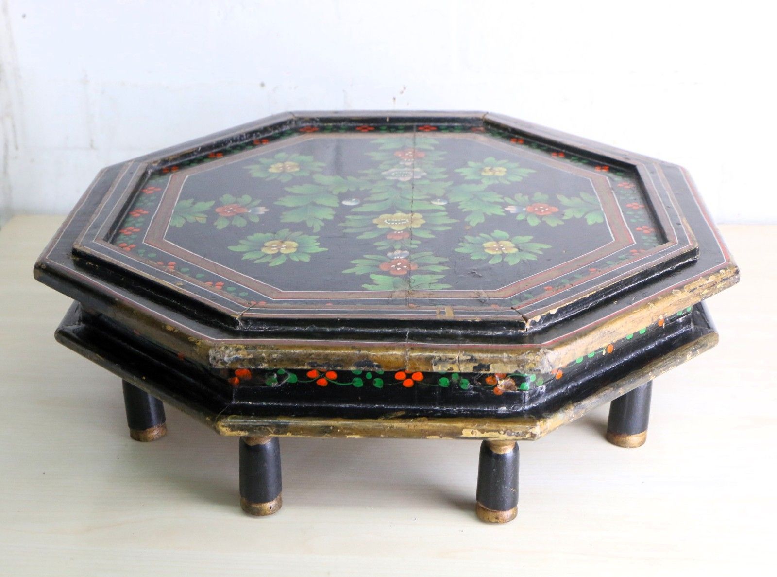 Antique Indian Wooden Bajot Table Chowki Table Early 20th Century Handpainted photo furniture