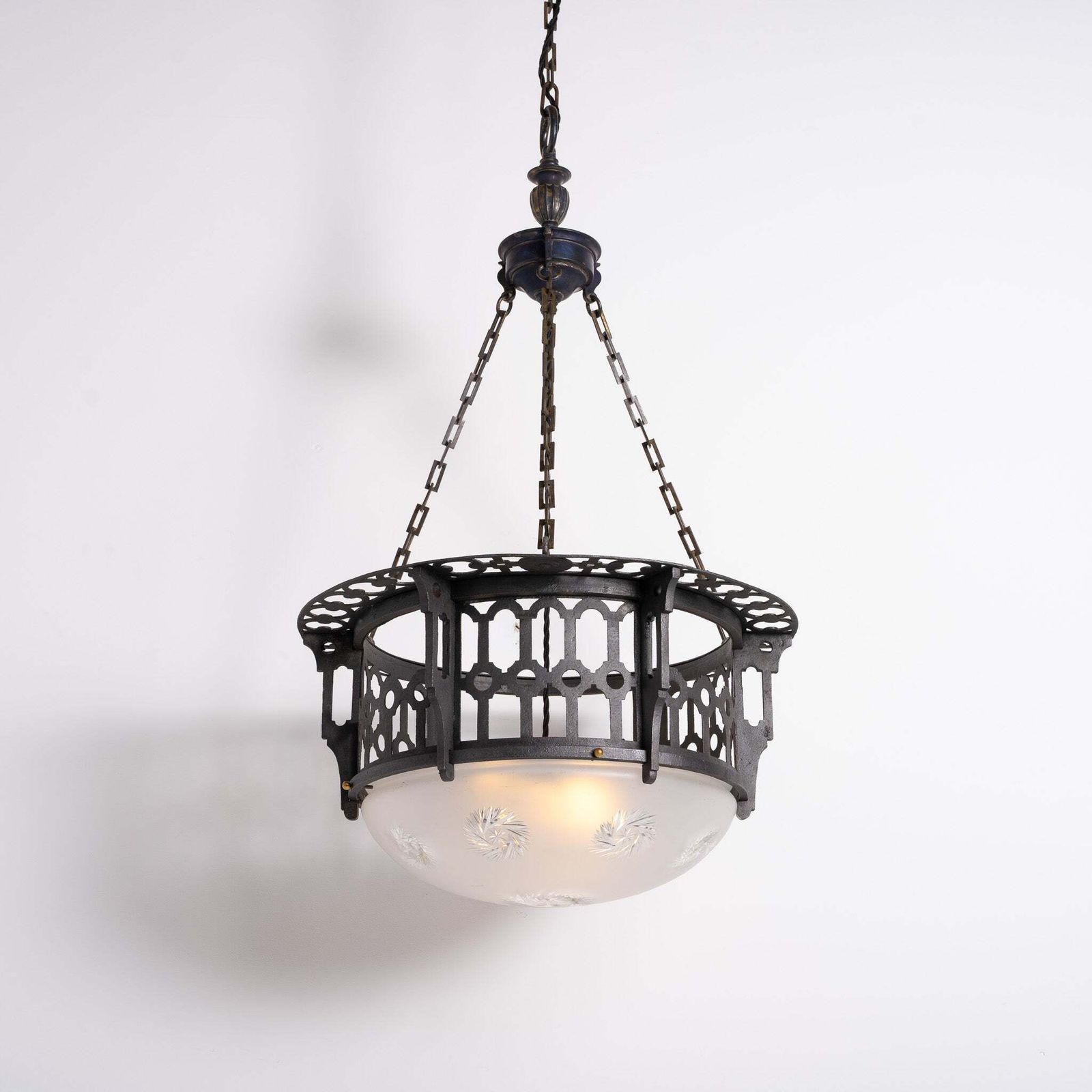 Large Scale Wrought Iron & Cast Brass Plafonnier With Rare Jefferson Satin & Cut Crystal Bowl