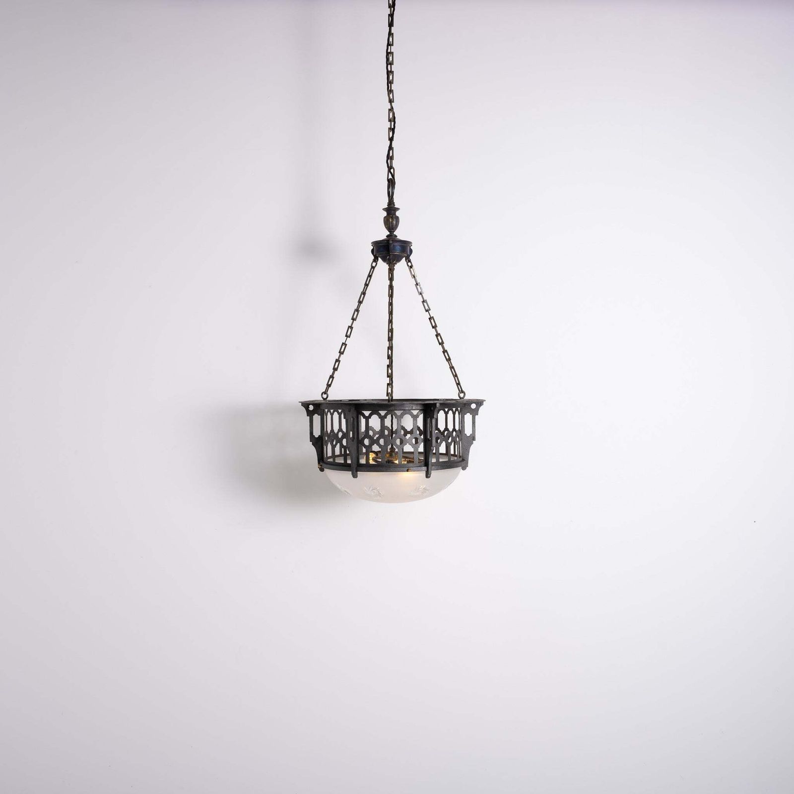 Large Scale Wrought Iron & Cast Brass Plafonnier With Rare Jefferson Satin & Cut Crystal Bowl photo 2250.0