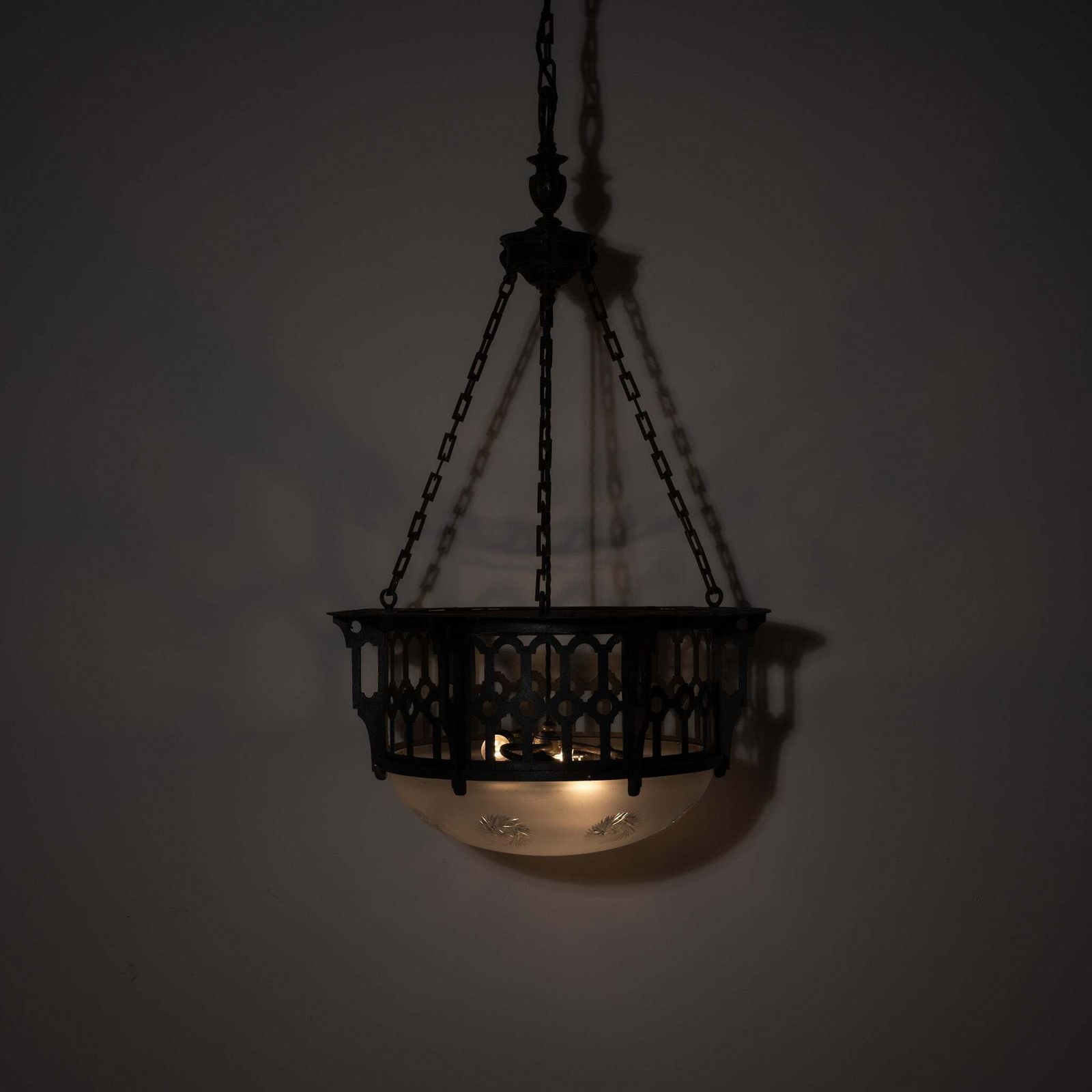 photo vinterior Large Scale Wrought Iron & Cast Brass Plafonnier With Rare Jefferson Satin & Cut Crystal Bowl