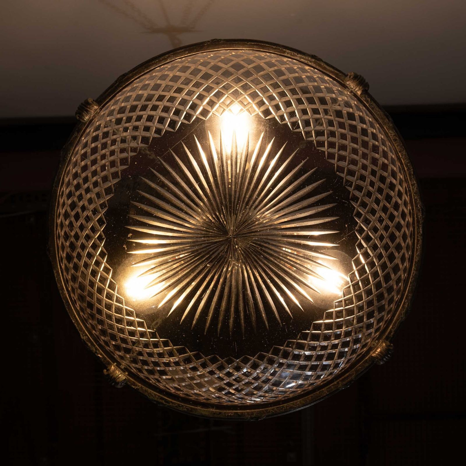 Large English Crystal Cut Glass Plafonnier With Quality Cast Fittings With Natural Verdigris Patina photo vinterior